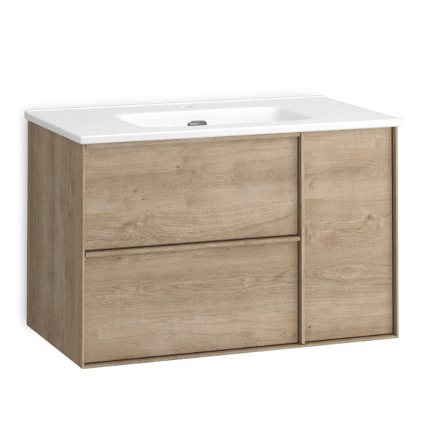 Pack Mueble para 1 lavabo empotrable mural/pared Stillo Square, 2 cajones 1 puerta roble natural